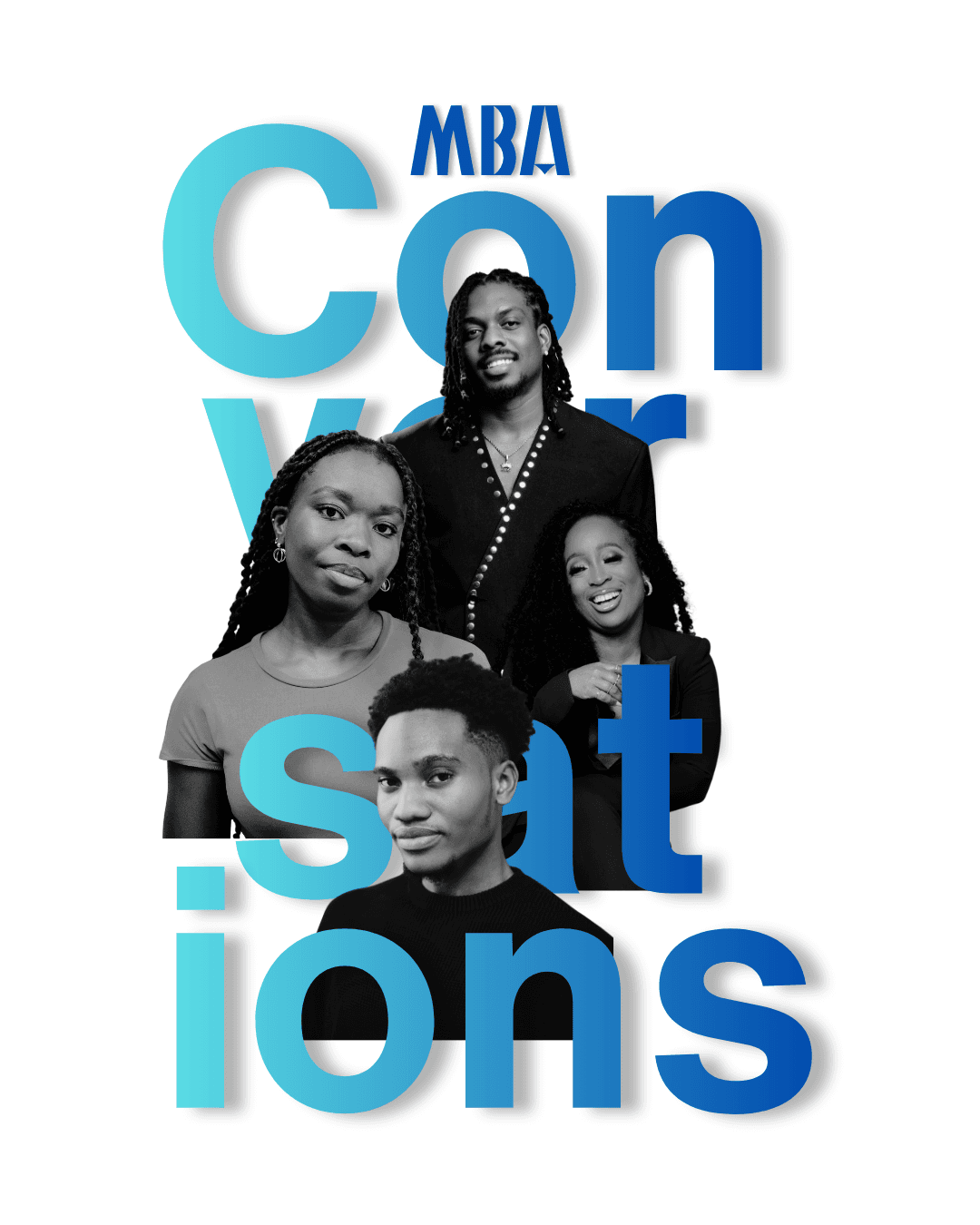 MBA Conversations poster for August, showing the host and the three panellists